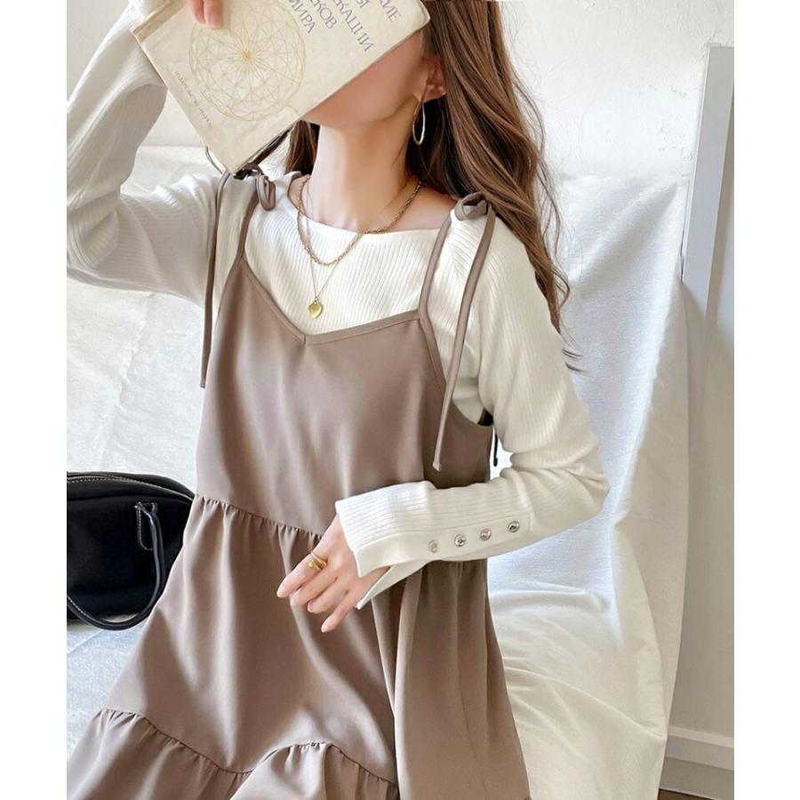 トップス ニット レディース 袖 ボタン クルーネック リブニット 無地 ボーダー 袖先 スリット レイヤードコーデ 程よい 伸縮性 着回し | classicalelf | 03