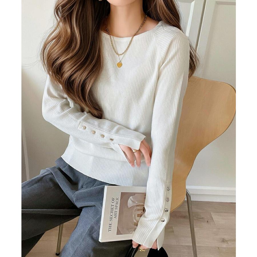 トップス ニット レディース 袖 ボタン クルーネック リブニット 無地 ボーダー 袖先 スリット レイヤードコーデ 程よい 伸縮性 着回し | classicalelf | 04