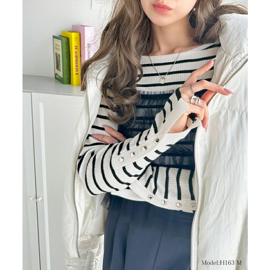 トップス ニット レディース 袖 ボタン クルーネック リブニット 無地 ボーダー 袖先 スリット レイヤードコーデ 程よい 伸縮性 着回し | classicalelf | 05