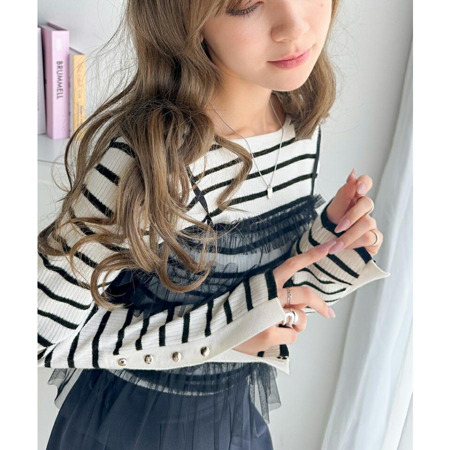 トップス ニット レディース 袖 ボタン クルーネック リブニット 無地 ボーダー 袖先 スリット レイヤードコーデ 程よい 伸縮性 着回し | classicalelf | 07