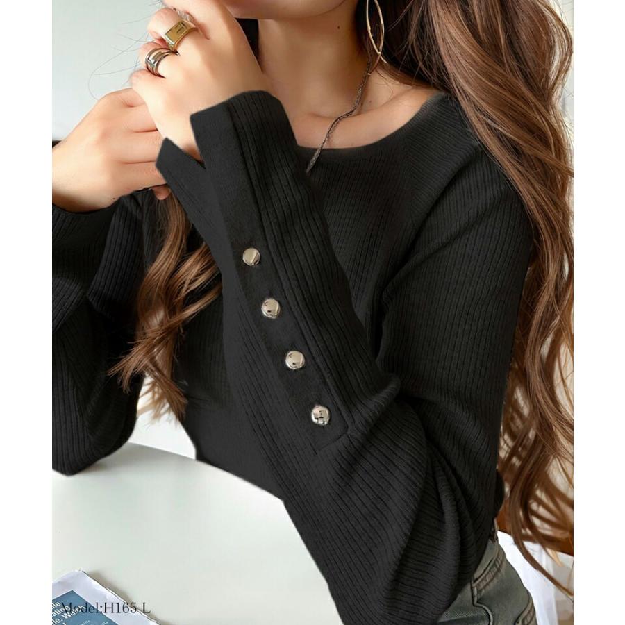 トップス ニット レディース 袖 ボタン クルーネック リブニット 無地 ボーダー 袖先 スリット レイヤードコーデ 程よい 伸縮性 着回し | classicalelf | 08