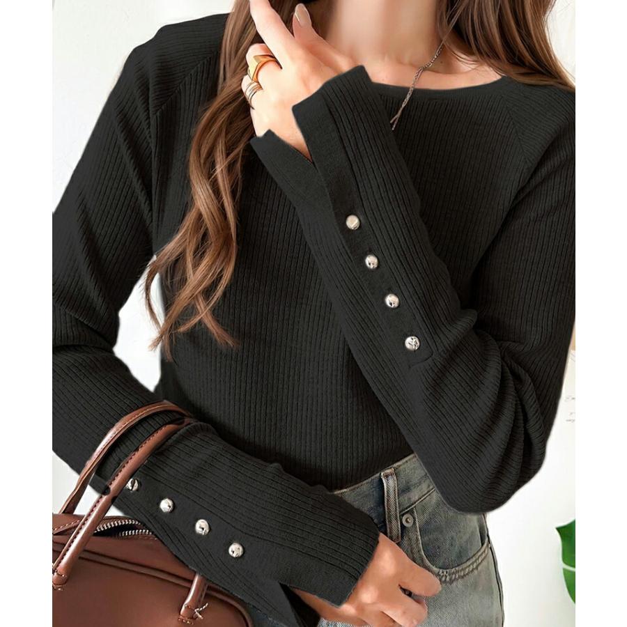 トップス ニット レディース 袖 ボタン クルーネック リブニット 無地 ボーダー 袖先 スリット レイヤードコーデ 程よい 伸縮性 着回し | classicalelf | 09