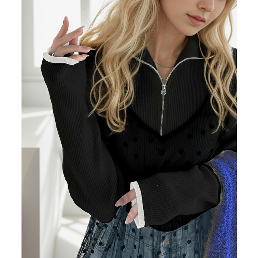 トップス ニット レディース ハーフ ジップ 袖先 配色 リブ プルオーバー スタイルアップ レイヤードコーデ インナー 着回し ロングシーズン | classicalelf | 10