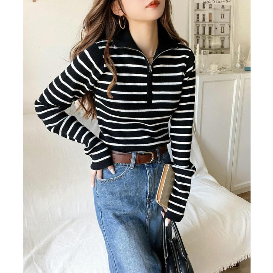 トップス ニット レディース ハーフ ジップ 袖先 配色 リブ プルオーバー スタイルアップ レイヤードコーデ インナー 着回し ロングシーズン | classicalelf | 13