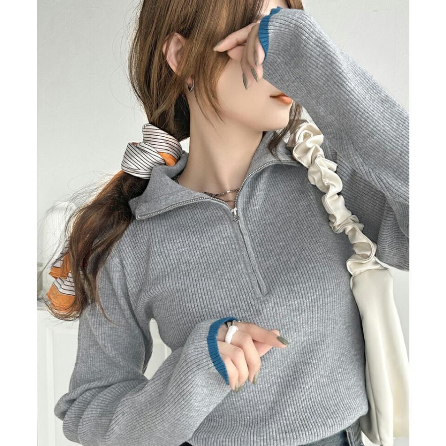 トップス ニット レディース ハーフ ジップ 袖先 配色 リブ プルオーバー スタイルアップ レイヤードコーデ インナー 着回し ロングシーズン | classicalelf | 15