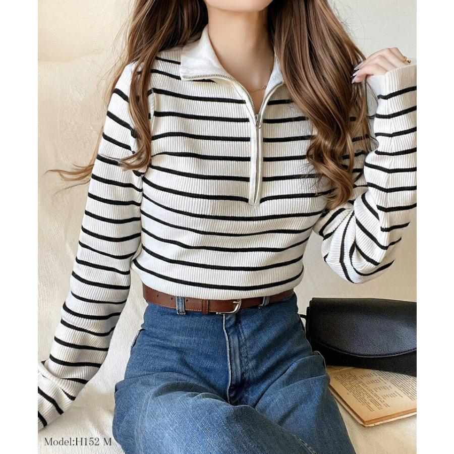 トップス ニット レディース ハーフ ジップ 袖先 配色 リブ プルオーバー スタイルアップ レイヤードコーデ インナー 着回し ロングシーズン | classicalelf | 05