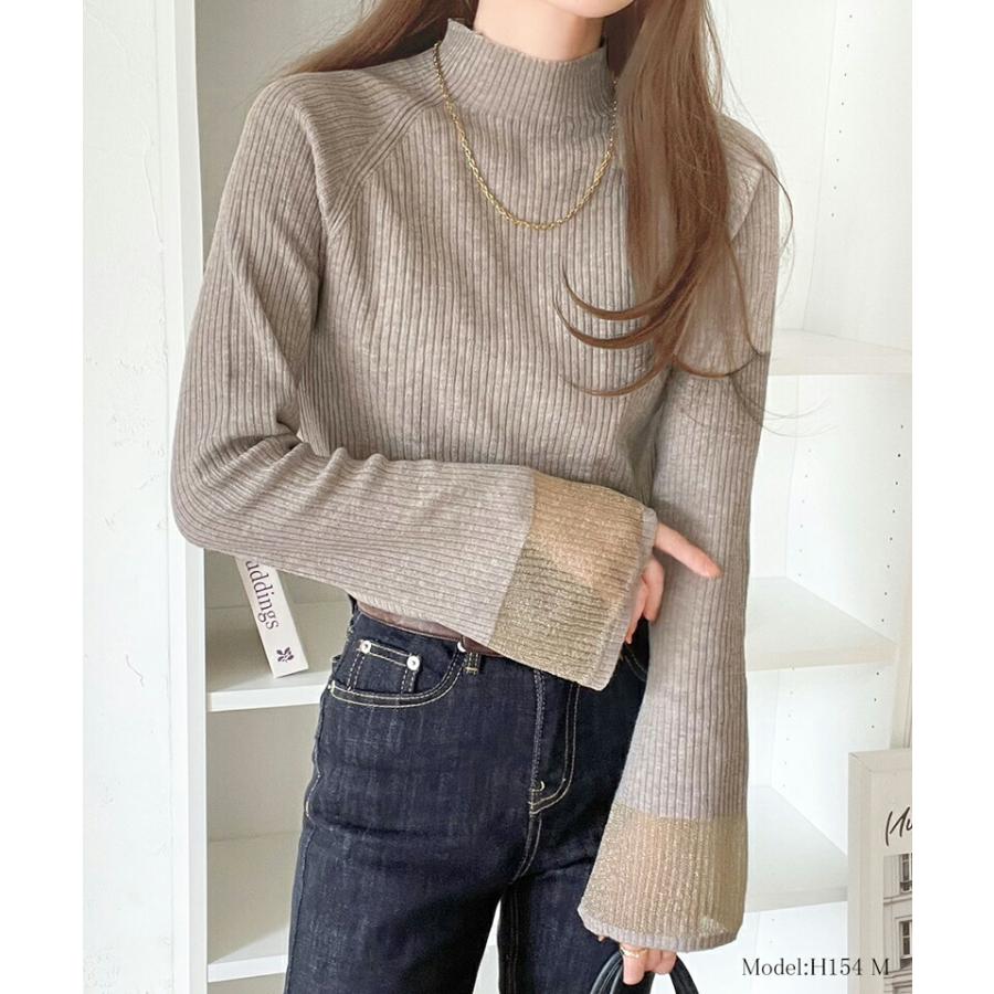トップス ニット レディース 袖ロ シャイニー シアー 素材 リブニッ ト プルオーバー ラグランスリーブ フレア スリーブ ロングシーズン 着回し | classicalelf | 11