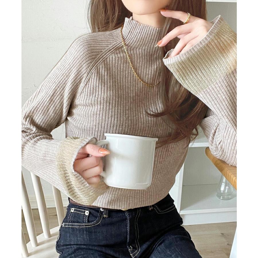 トップス ニット レディース 袖ロ シャイニー シアー 素材 リブニッ ト プルオーバー ラグランスリーブ フレア スリーブ ロングシーズン 着回し | classicalelf | 12