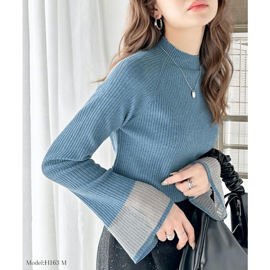 トップス ニット レディース 袖ロ シャイニー シアー 素材 リブニッ ト プルオーバー ラグランスリーブ フレア スリーブ ロングシーズン 着回し | classicalelf | 14