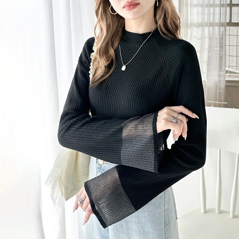 トップス ニット レディース 袖ロ シャイニー シアー 素材 リブニッ ト プルオーバー ラグランスリーブ フレア スリーブ ロングシーズン 着回し | classicalelf | 18