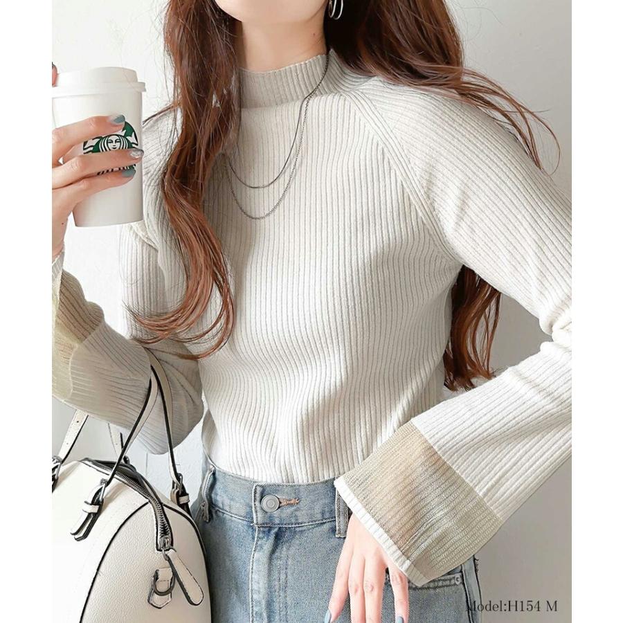 トップス ニット レディース 袖ロ シャイニー シアー 素材 リブニッ ト プルオーバー ラグランスリーブ フレア スリーブ ロングシーズン 着回し | classicalelf | 02