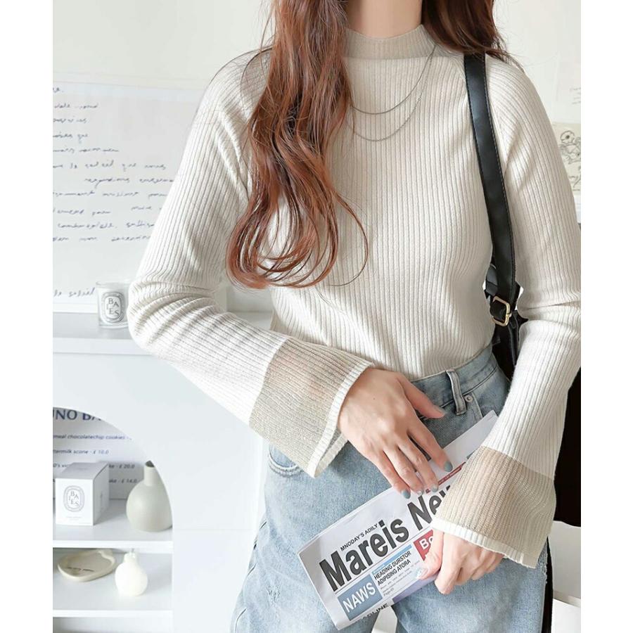 トップス ニット レディース 袖ロ シャイニー シアー 素材 リブニッ ト プルオーバー ラグランスリーブ フレア スリーブ ロングシーズン 着回し | classicalelf | 04