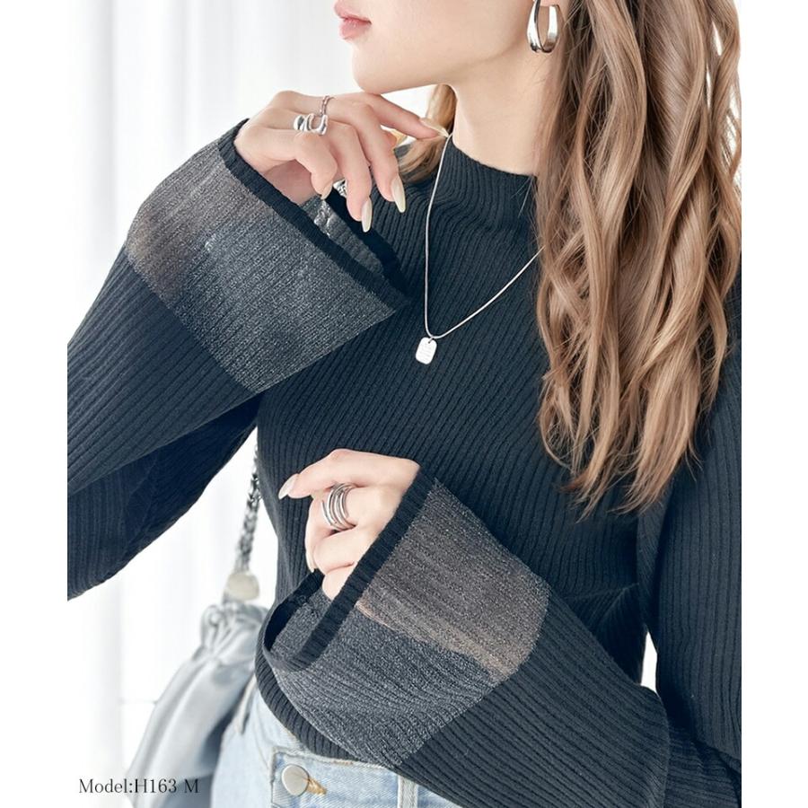 トップス ニット レディース 袖ロ シャイニー シアー 素材 リブニッ ト プルオーバー ラグランスリーブ フレア スリーブ ロングシーズン 着回し | classicalelf | 05