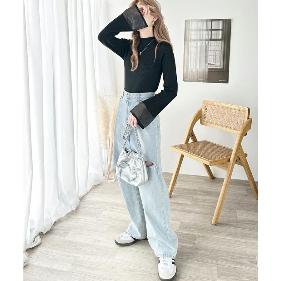 トップス ニット レディース 袖ロ シャイニー シアー 素材 リブニッ ト プルオーバー ラグランスリーブ フレア スリーブ ロングシーズン 着回し | classicalelf | 07