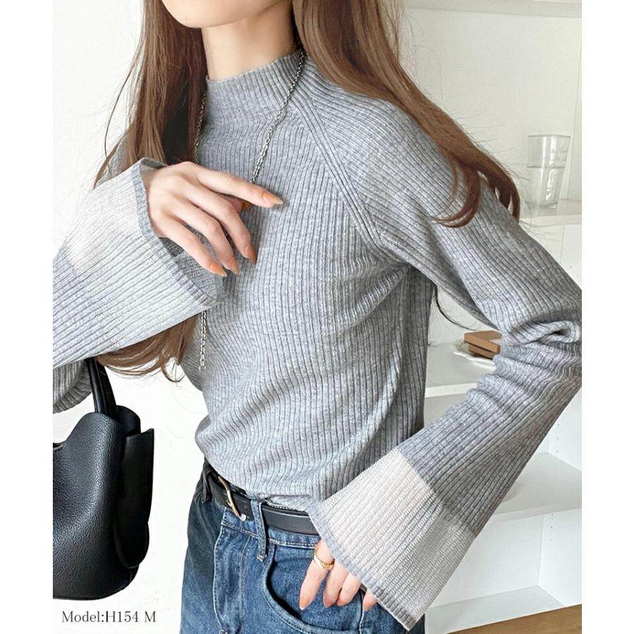 トップス ニット レディース 袖ロ シャイニー シアー 素材 リブニッ ト プルオーバー ラグランスリーブ フレア スリーブ ロングシーズン 着回し | classicalelf | 08