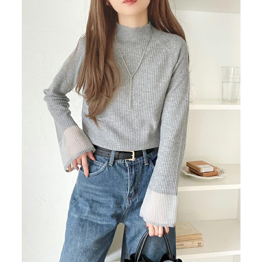トップス ニット レディース 袖ロ シャイニー シアー 素材 リブニッ ト プルオーバー ラグランスリーブ フレア スリーブ ロングシーズン 着回し | classicalelf | 09