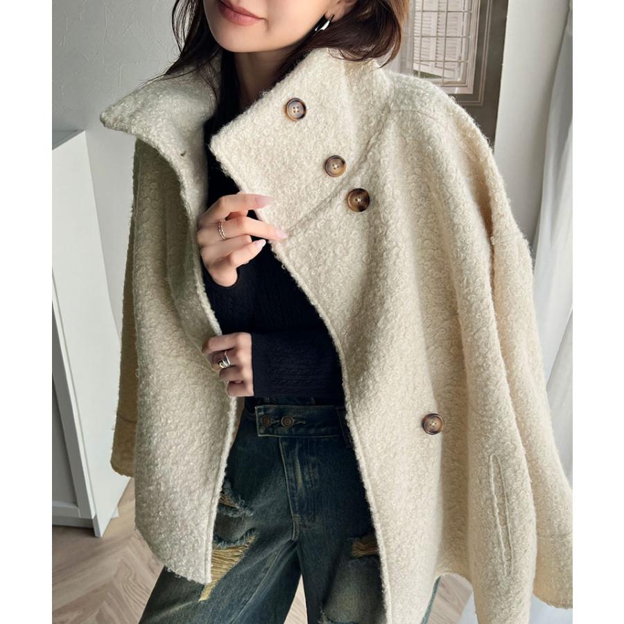 アウター ジャケット コート レディース スタンドカラー シンプル Aライン 美フォルム カットボア生地 ミドル丈 可愛い 大きめボタン 軽量 暖か | classicalelf | 10