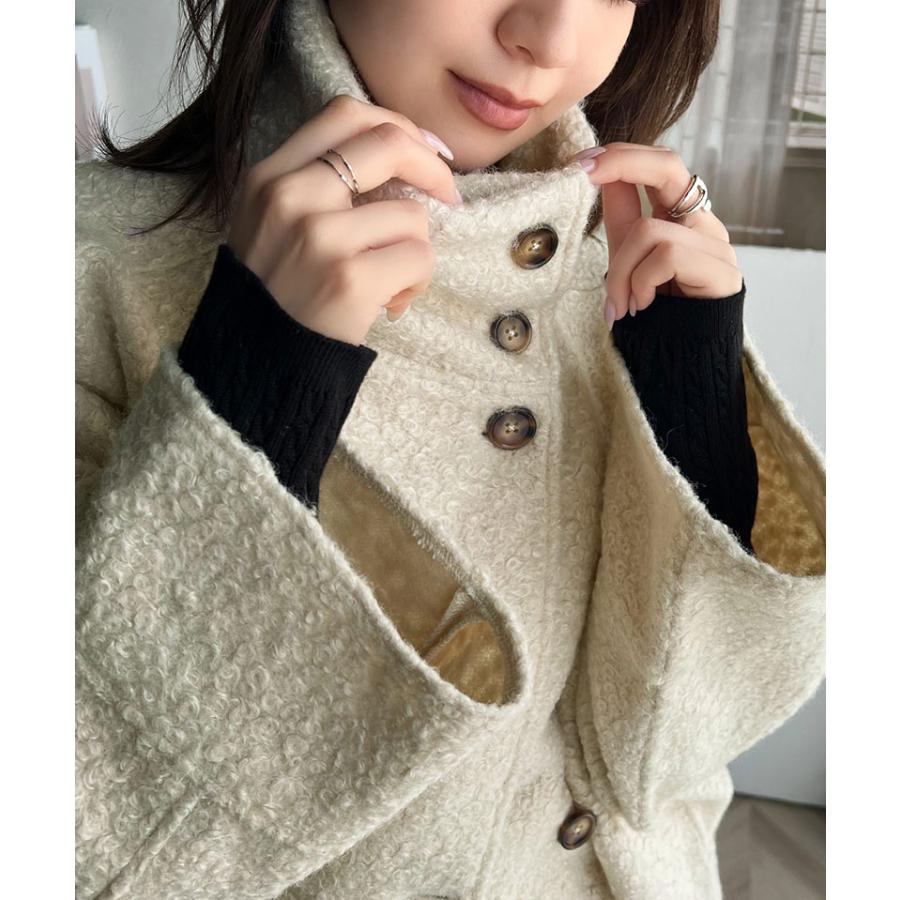 アウター ジャケット コート レディース スタンドカラー シンプル Aライン 美フォルム カットボア生地 ミドル丈 可愛い 大きめボタン 軽量 暖か | classicalelf | 12