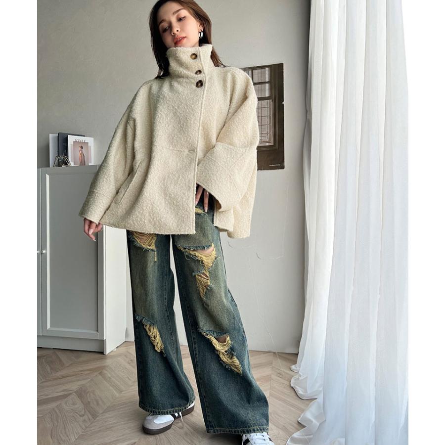 アウター ジャケット コート レディース スタンドカラー シンプル Aライン 美フォルム カットボア生地 ミドル丈 可愛い 大きめボタン 軽量 暖か | classicalelf | 13