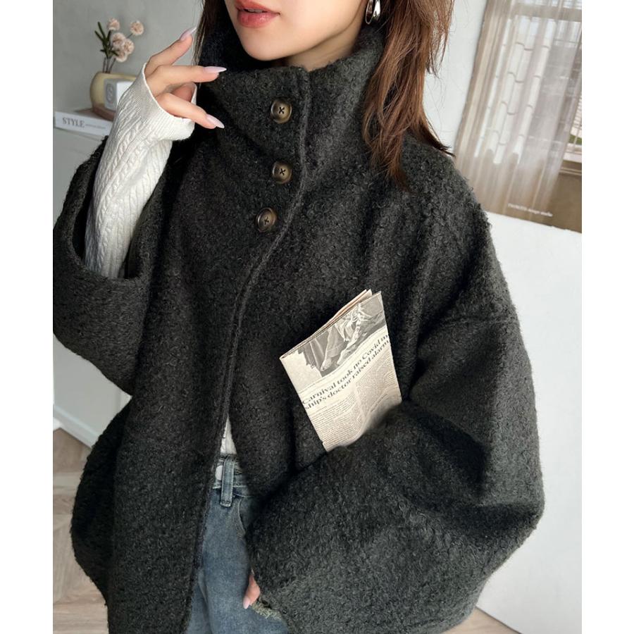 アウター ジャケット コート レディース スタンドカラー シンプル Aライン 美フォルム カットボア生地 ミドル丈 可愛い 大きめボタン 軽量 暖か | classicalelf | 14