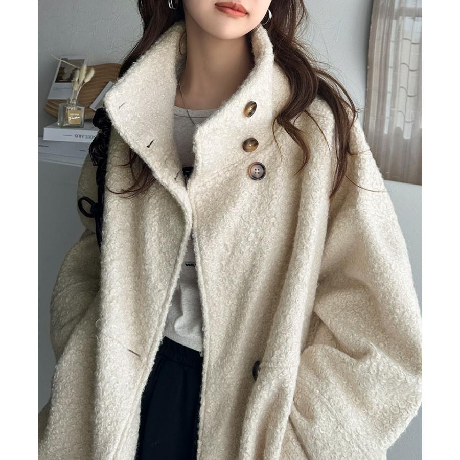 アウター ジャケット コート レディース スタンドカラー シンプル Aライン 美フォルム カットボア生地 ミドル丈 可愛い 大きめボタン 軽量 暖か | classicalelf | 15