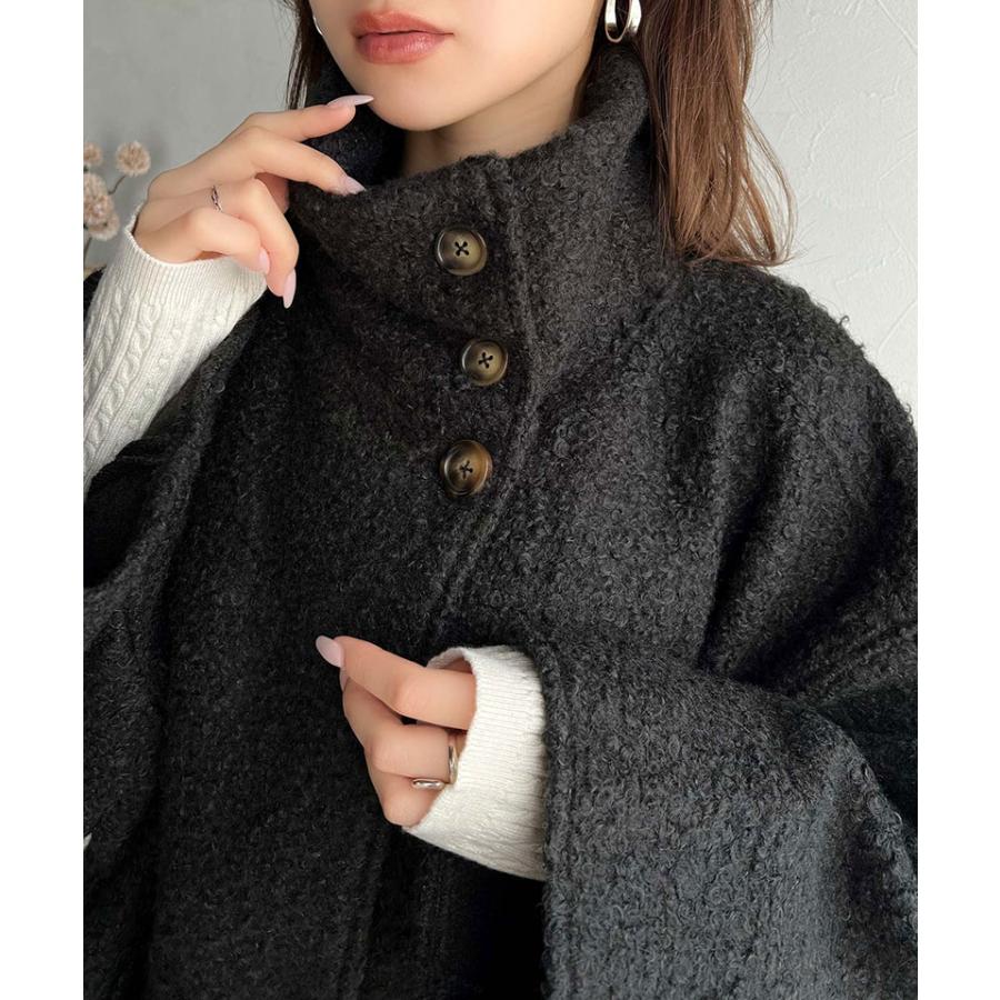 アウター ジャケット コート レディース スタンドカラー シンプル Aライン 美フォルム カットボア生地 ミドル丈 可愛い 大きめボタン 軽量 暖か | classicalelf | 03