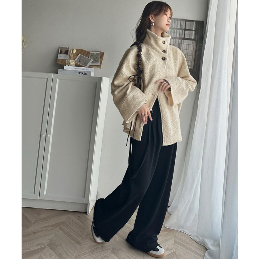 アウター ジャケット コート レディース スタンドカラー シンプル Aライン 美フォルム カットボア生地 ミドル丈 可愛い 大きめボタン 軽量 暖か | classicalelf | 09