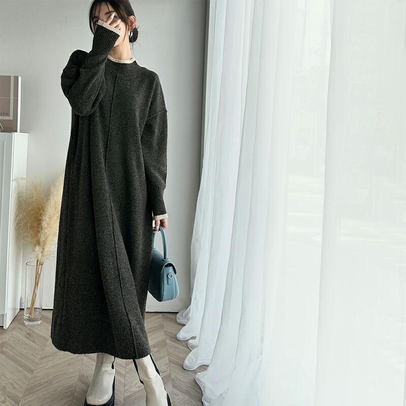 ワンピース レディース ふわもち ミックス カラー 配色 ブークレー ニットワンピ ゆるっと オーバーサイズ レイヤードコーデ ロング 丈 暖か | classicalelf | 17