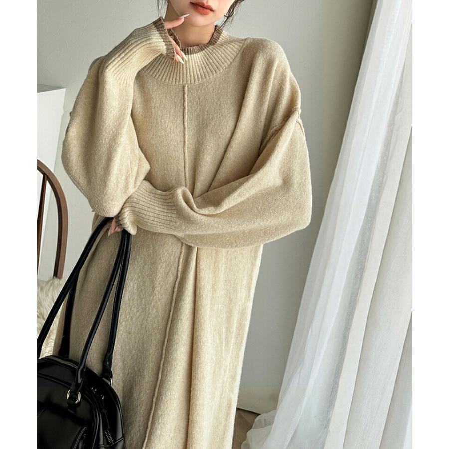 ワンピース レディース ふわもち ミックス カラー 配色 ブークレー ニットワンピ ゆるっと オーバーサイズ レイヤードコーデ ロング 丈 暖か | classicalelf | 05