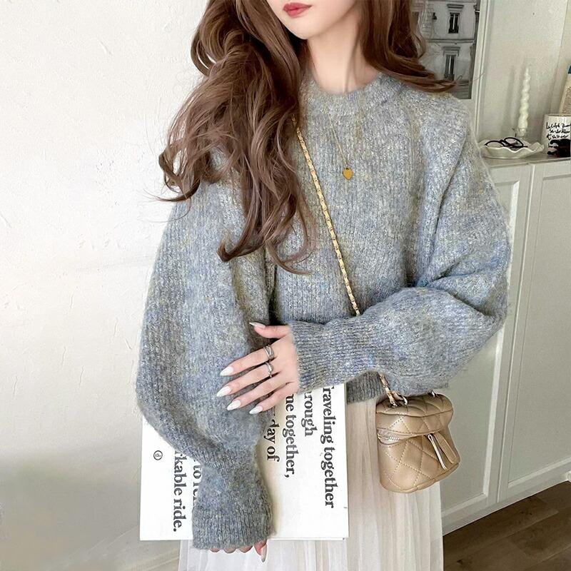 トップス ニット レディース MIX ニュアンスカラー ボリューム ぽわん袖 クロップド丈 ラグラン 切替 シャギーニット プルオーバー ゆるっと | classicalelf