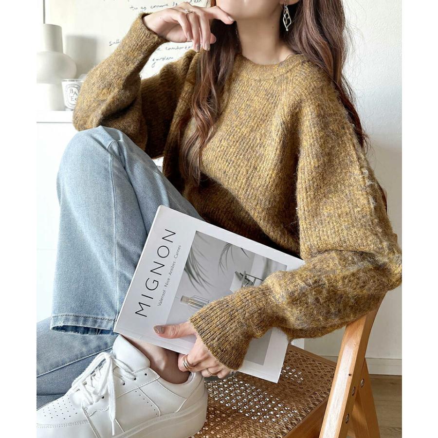 トップス ニット レディース MIX ニュアンスカラー ボリューム ぽわん袖 クロップド丈 ラグラン 切替 シャギーニット プルオーバー ゆるっと | classicalelf | 14