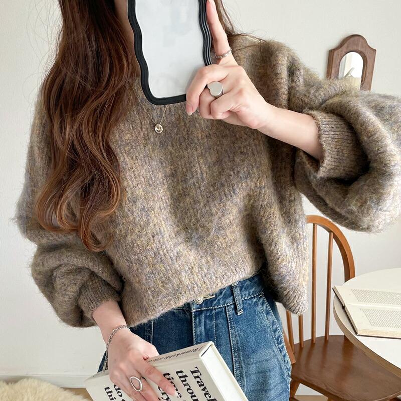 トップス ニット レディース MIX ニュアンスカラー ボリューム ぽわん袖 クロップド丈 ラグラン 切替 シャギーニット プルオーバー ゆるっと | classicalelf | 18