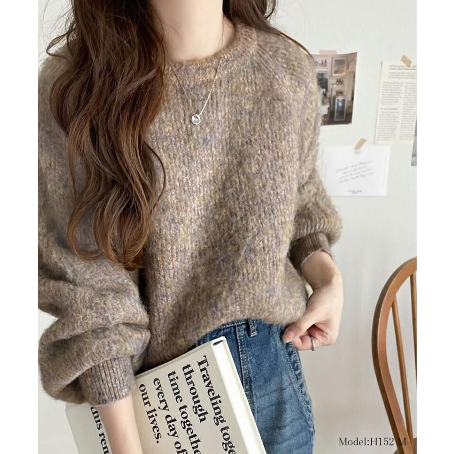 トップス ニット レディース MIX ニュアンスカラー ボリューム ぽわん袖 クロップド丈 ラグラン 切替 シャギーニット プルオーバー ゆるっと | classicalelf | 06