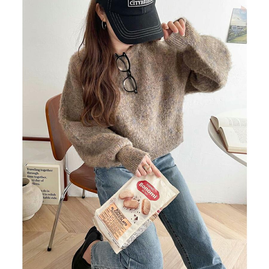 トップス ニット レディース MIX ニュアンスカラー ボリューム ぽわん袖 クロップド丈 ラグラン 切替 シャギーニット プルオーバー ゆるっと | classicalelf | 07