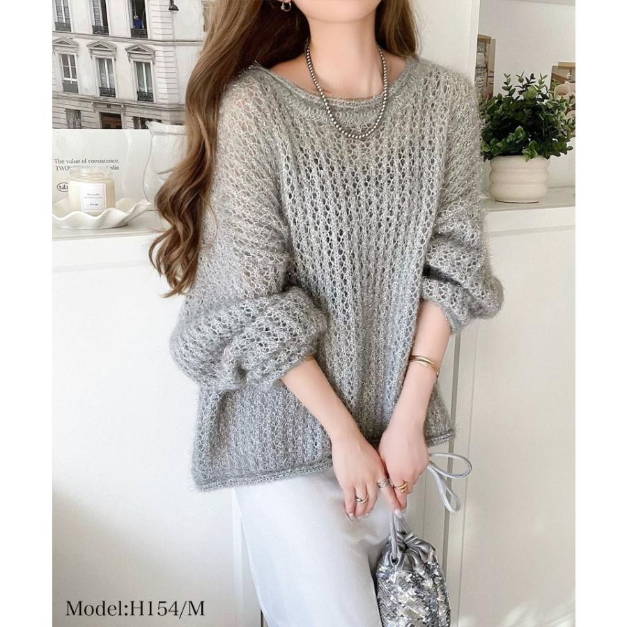 トップス ニット レディース メッシュニット シャイニー ラメ ざっくり プルオーバー オーバーサイズ ボリュームスリーブ ルーズシルエット | classicalelf | 09