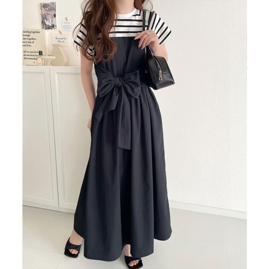 ワンピース 夏 レディース ビスチェ 風 2way 大きめ リボン 使い 凹凸感 サッカー 素材 ドッキング ロング ワンピ 半袖 レイヤードコーデ 風 | classicalelf | 10