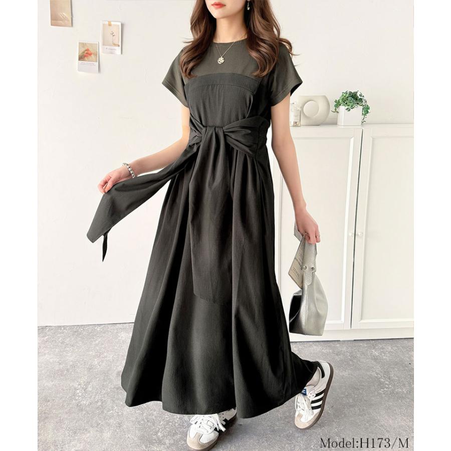 ワンピース 夏 レディース ビスチェ 風 2way 大きめ リボン 使い 凹凸感 サッカー 素材 ドッキング ロング ワンピ 半袖 レイヤードコーデ 風 | classicalelf | 12