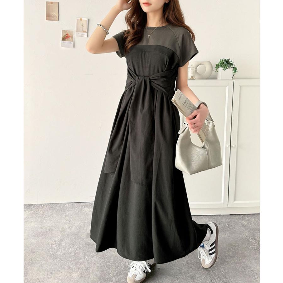 ワンピース 夏 レディース ビスチェ 風 2way 大きめ リボン 使い 凹凸感 サッカー 素材 ドッキング ロング ワンピ 半袖 レイヤードコーデ 風 | classicalelf | 13