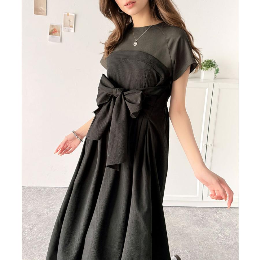 ワンピース 夏 レディース ビスチェ 風 2way 大きめ リボン 使い 凹凸感 サッカー 素材 ドッキング ロング ワンピ 半袖 レイヤードコーデ 風 | classicalelf | 15