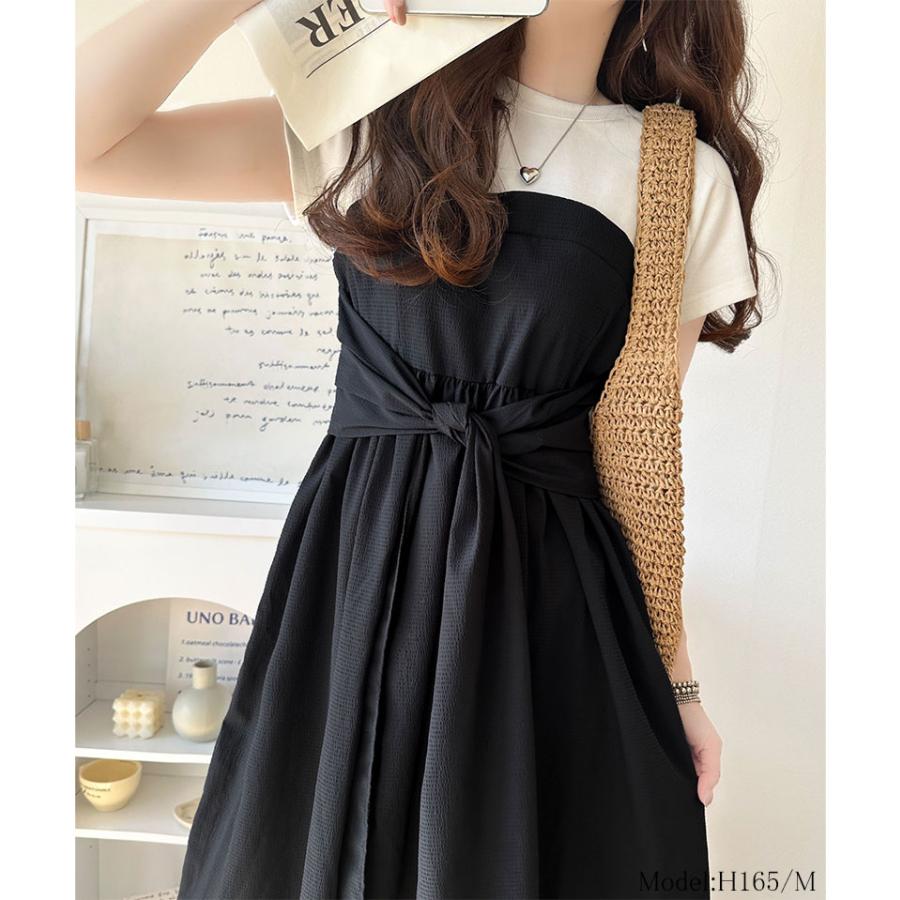 ワンピース 夏 レディース ビスチェ 風 2way 大きめ リボン 使い 凹凸感 サッカー 素材 ドッキング ロング ワンピ 半袖 レイヤードコーデ 風 | classicalelf | 02