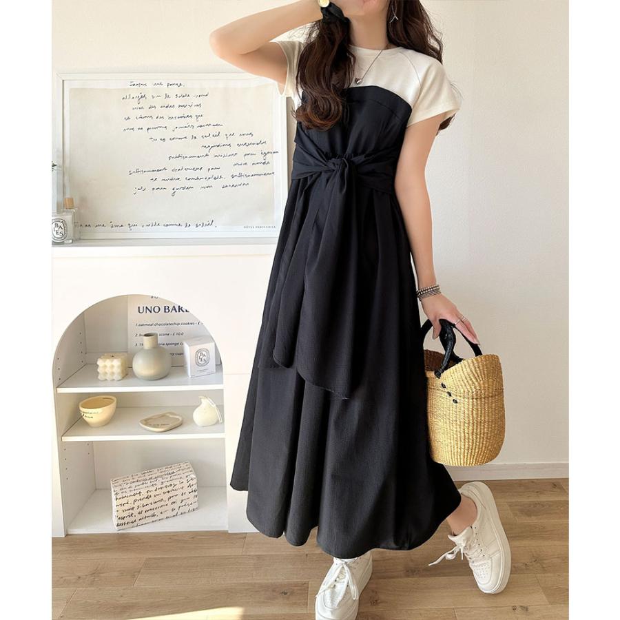 ワンピース 夏 レディース ビスチェ 風 2way 大きめ リボン 使い 凹凸感 サッカー 素材 ドッキング ロング ワンピ 半袖 レイヤードコーデ 風 | classicalelf | 03