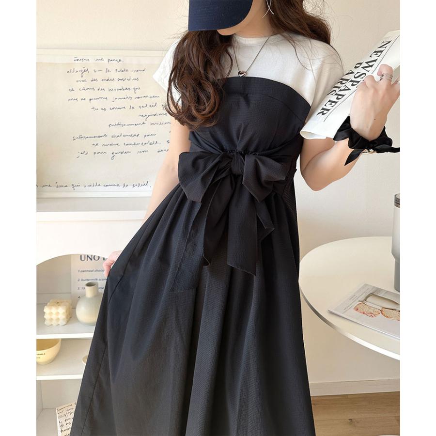 ワンピース 夏 レディース ビスチェ 風 2way 大きめ リボン 使い 凹凸感 サッカー 素材 ドッキング ロング ワンピ 半袖 レイヤードコーデ 風 | classicalelf | 04