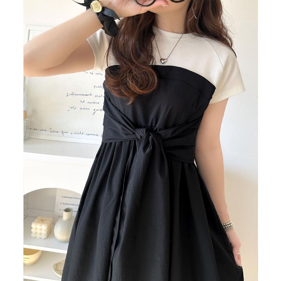 ワンピース 夏 レディース ビスチェ 風 2way 大きめ リボン 使い 凹凸感 サッカー 素材 ドッキング ロング ワンピ 半袖 レイヤードコーデ 風 | classicalelf | 05