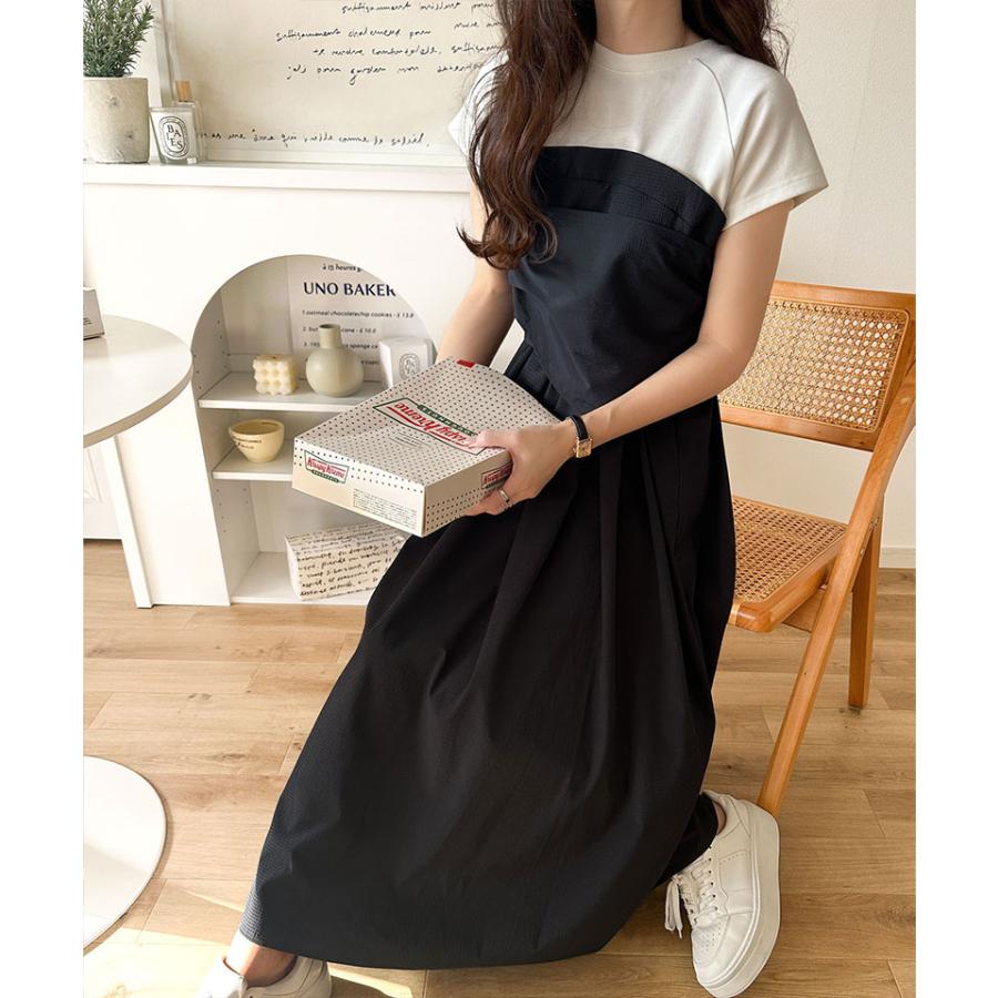 ワンピース 夏 レディース ビスチェ 風 2way 大きめ リボン 使い 凹凸感 サッカー 素材 ドッキング ロング ワンピ 半袖 レイヤードコーデ 風 | classicalelf | 06