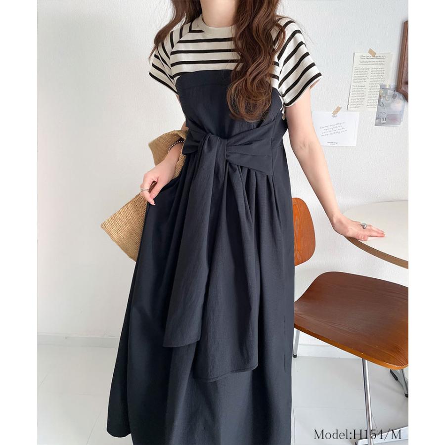 ワンピース 夏 レディース ビスチェ 風 2way 大きめ リボン 使い 凹凸感 サッカー 素材 ドッキング ロング ワンピ 半袖 レイヤードコーデ 風 | classicalelf | 07