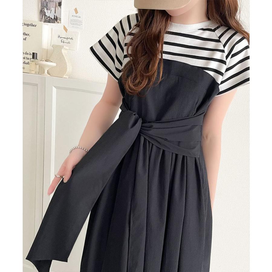 ワンピース 夏 レディース ビスチェ 風 2way 大きめ リボン 使い 凹凸感 サッカー 素材 ドッキング ロング ワンピ 半袖 レイヤードコーデ 風 | classicalelf | 09