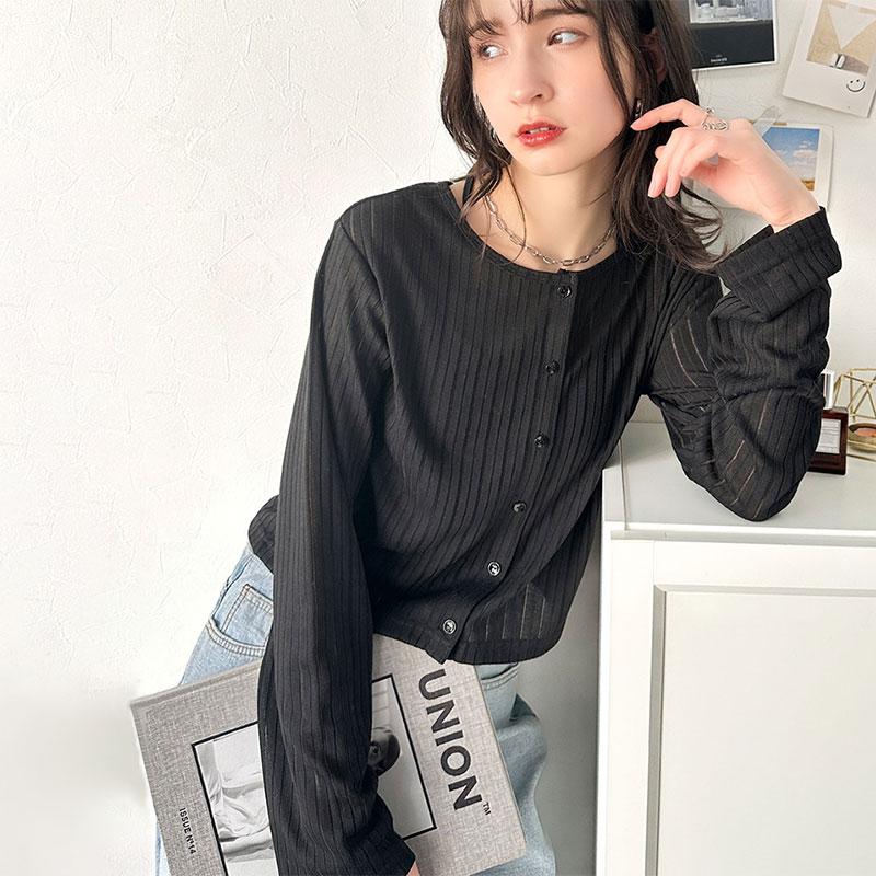 トップス カーディガン レディース 前後 2way クルーネック シアー リブ カーデ (ショート丈) 羽織り ゆるっと オーバーサイズ 大きいサイズ | classicalelf | 18