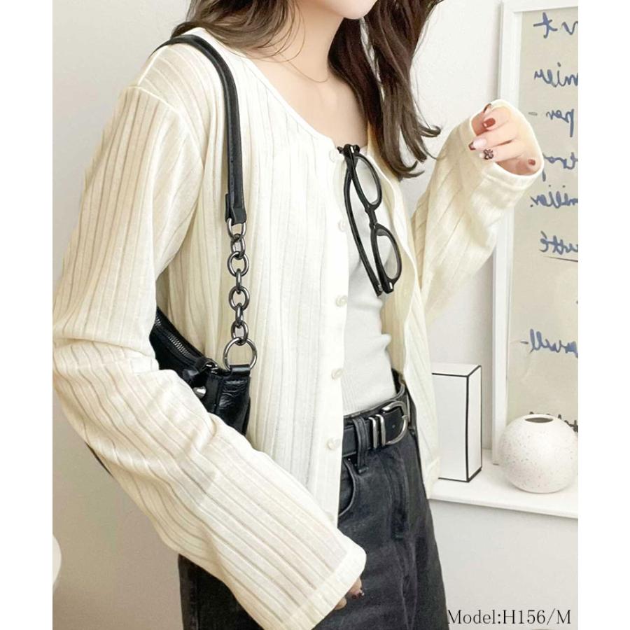 トップス カーディガン レディース 前後 2way クルーネック シアー リブ カーデ (ショート丈) 羽織り ゆるっと オーバーサイズ 大きいサイズ | classicalelf | 02