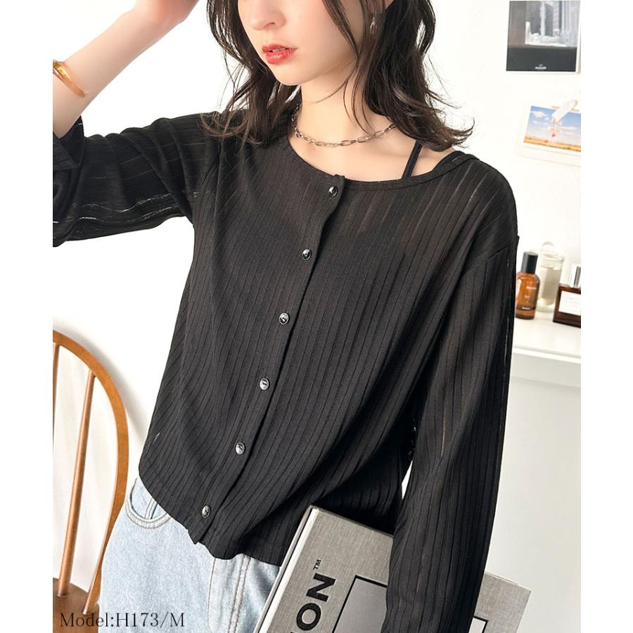 トップス カーディガン レディース 前後 2way クルーネック シアー リブ カーデ (ショート丈) 羽織り ゆるっと オーバーサイズ 大きいサイズ | classicalelf | 05