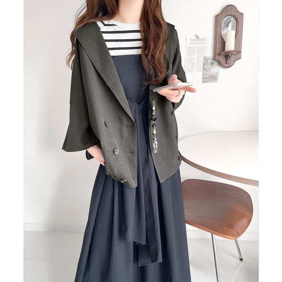 アウター ジャケット レディース テック リネン 素材 ダブル テーラード 衿 シャツ ジャケット半袖 裾 ゴム 仕様 ゆるっと オーバーサイズ 二の腕カバー | classicalelf | 10